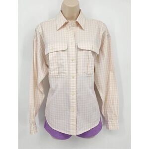 Lizsport Blouse Size Medium Pink White Plaid Cotton Collared Long Sleeve